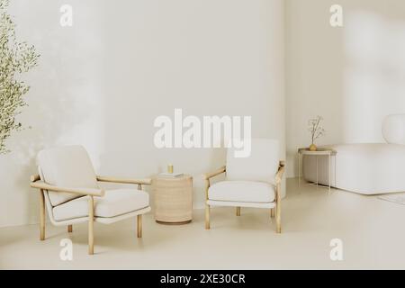 Interni moderni in tonalità beige chiare con 2 poltrone e tavolo, pareti vuote con luce solare, rendering 3d. Foto Stock