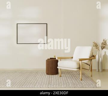 Cornice vuota in stile beige minimalista con poltrona, tavolino da caffè e decorazioni. illustrazione del rendering 3d. Foto Stock