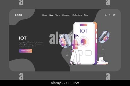 Internet of Things, modalità notte o buio, Web o pagina di destinazione. L'utente comanda la tecnologia IoT tramite dispositivi indossabili, simboleggiando un'interazione fluida nell'era digitale moderna. Illustrazione vettoriale Illustrazione Vettoriale