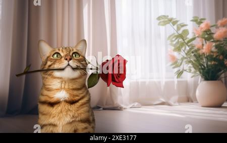Affascinante gatto del Bengala con una rosa tra i denti Foto Stock