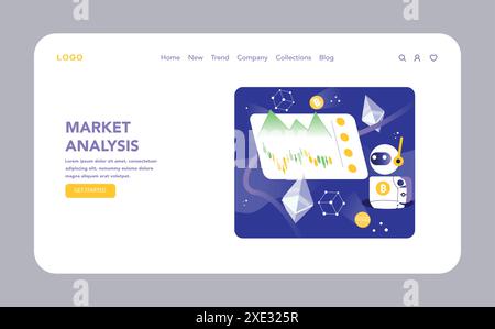 Web analisi di mercato o landing page. Analisi dei bot di trading dei mercati delle criptovalute con una visualizzazione dinamica di grafici e tendenze, essenziale per le decisioni di trading strategiche. Illustrazione Vettoriale