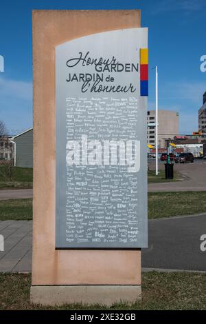 Cartello Honour Garden al Riverfront Park nel centro di Moncton, New Brunswick, Canada Foto Stock