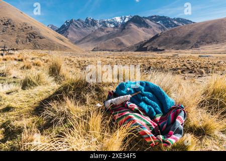 Coperta andina e ruota rotante con fibra di alpaca adagiata nel campo circondato da montagne innevate e cielo blu con vegetazione verde e gialla Foto Stock