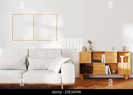 Due telai a baldacchino in mock-up all'interno del soggiorno, divano grigio e armadio in legno con arredamento, parete bianca con luce solare, 3 Foto Stock