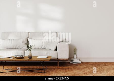 Mock-up interno soggiorno, moderno sfondo interno soggiorno, divano grigio e tavolino da caffè con arredamento, rendering 3d. Foto Stock