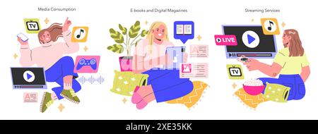 Trio di consumo di contenuti multimediali immersione nella lettura digitale, nei servizi di live streaming e nell'intrattenimento on-demand integrazione perfetta della tecnologia e dell'illustrazione vettoriale della vita quotidiana Illustrazione Vettoriale