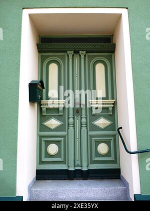 Porta d'ingresso vecchia e verde Foto Stock