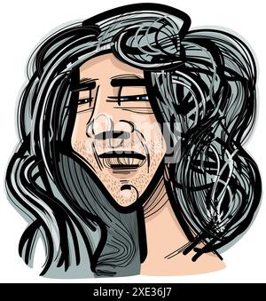 Giovane uomo con capelli lunghi caricatura disegno illustrazione Foto Stock