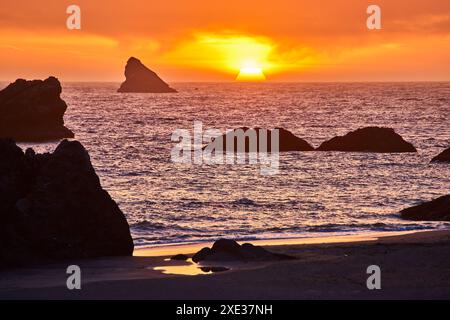 Tramonto sulle formazioni rocciose con riflessi dorati a Harris Beach from Shore Foto Stock