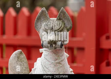 Nagahama, Prefettura di Shiga, Giappone. 21 novembre 2023. Un primo piano di una statua in pietra di una volpe Inari ÅŒkami dio del Giappone. Statua Foto Stock