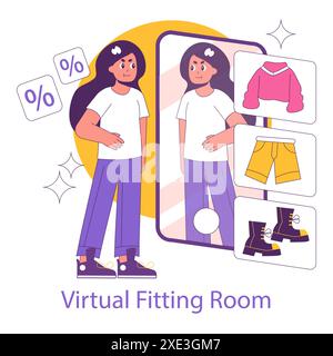 Illustrazione del concetto Phygital. Una donna sperimenta abiti in un camerino digitale, combinando lo shopping online con l'esperienza fisica. Illustrazione vettoriale. Illustrazione Vettoriale