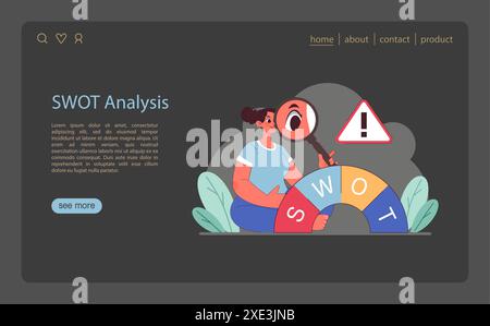 Concetto di analisi SWOT. Un pianificatore strategico esamina da vicino i punti di forza, i punti deboli, le opportunità e le minacce. Illustrazione vettoriale piatta. Illustrazione Vettoriale