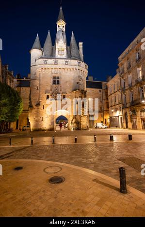 Vista notturna di porte Cailhau o porte du Palais. L'ex porta della città di Bordeaux in Francia. Uno dei tour principali Foto Stock