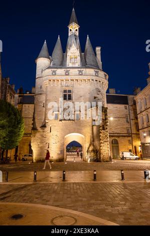 Vista notturna di porte Cailhau o porte du Palais. L'ex porta della città di Bordeaux in Francia. Uno dei tour principali Foto Stock