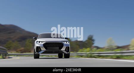 rendering 3d della guida di un suv o di un veicolo in crociera su strada per il concetto di viaggio e trasporto. Foto Stock