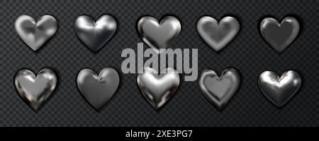 Collezione cromata di eleganti icone metalliche a forma di cuore. Set metallico Y2K. Illustrazione Vettoriale