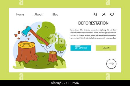 Banner Web o landing page sui cambiamenti climatici. Deforestazione. Tagliare la foresta, distruggere i boschi. Pericolo per l'ecologia e l'inquinamento atmosferico. Illustrazione vettoriale piatta Illustrazione Vettoriale