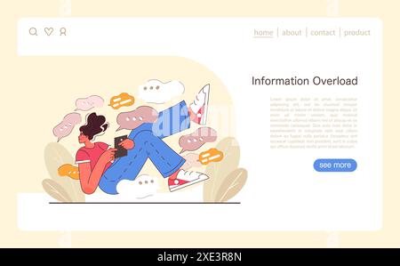 Informazioni sul sovraccarico. Giovane donna circondata da un vortice di bolle di chat. La sfida della comunicazione digitale costante. Complessità della vita moderna. Illustrazione vettoriale piatta. Illustrazione Vettoriale