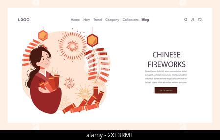 Banner Web o landing page della tradizione del Capodanno cinese. Allegra vacanza in famiglia asiatica il giorno festivo. I personaggi festeggiano con fuochi d'artificio, lanterne e danze di draghi. Illustrazione vettoriale piatta Illustrazione Vettoriale