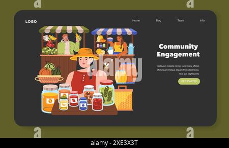 Concetto di banner Web per il mercato agricolo. Venditori amichevoli presso bancarelle colorate che vendono prodotti freschi e prodotti fatti in casa. Spirito comunitario nel commercio locale. Illustrazione vettoriale. Illustrazione Vettoriale
