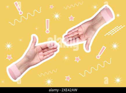 La mano di una donna che si allunga con il palmo aperto Foto Stock