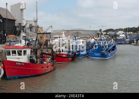 Barche da pesca ormeggiate al porto di Whitstable nel Kent, Inghilterra Foto Stock