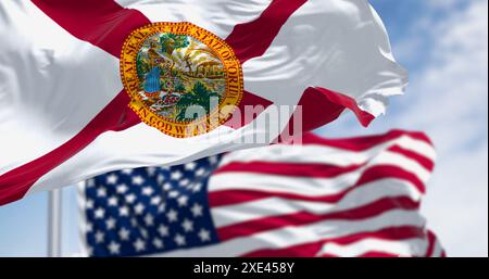 Bandiere della Florida e degli Stati Uniti che sventolano nel vento in una giornata limpida Foto Stock