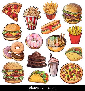 Set icone fast food. Pizza, taco, hamburger, patatine fritte, zuppa di noodle di ramen, hot dog, popcorn, ciambelle, torta Foto Stock