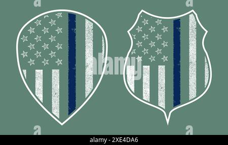 Set di linee sottili blu della polizia, Scudo con bandiera, , maglia della polizia della linea blu della bandiera della polizia di USA grunge Illustrazione Vettoriale