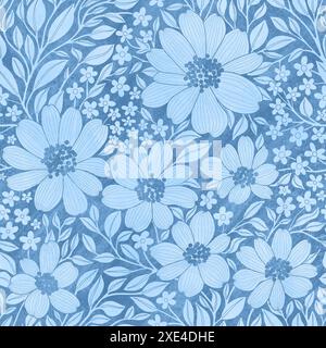Motivo floreale senza cuciture di fiori e foglie blu-grigie con trama, ideale per tessuti, superfici, carte da parati, carta da imballaggio, tessuti, stampe, Package Design, Moda, prodotti di bellezza Foto Stock