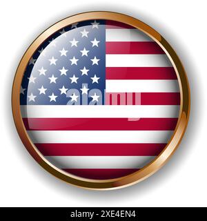 Pulsante flag USA ON, icona vettore flag americano. Icona rotonda lucida con bandiera degli Stati Uniti su sfondo bianco Illustrazione Vettoriale