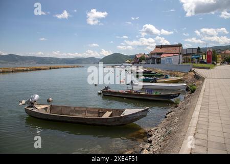 Barche di età avanzata ormeggiate lungo le rive del Danubio Foto Stock