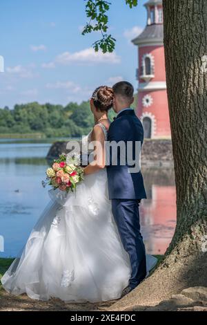 La giovane sposa e lo sposo si stagliano davanti all'acqua e guardano il faro rosa. Gli sposi si vedono sul retro mentre si cammina. Matrimonio, amore, cou sposato Foto Stock