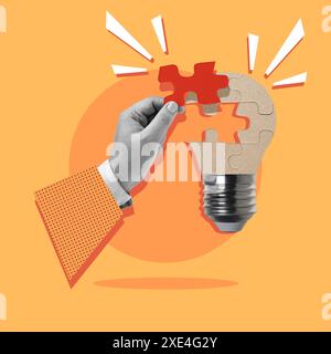 Business Hand risolve i rompicapo delle lampadine come simbolo di nuove idee su uno sfondo colorato. Arte collage Foto Stock