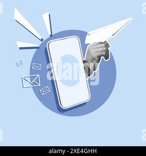 Collage d'arte contemporanea che mostra il concetto di email marketing con un uomo d'affari che lancia un aereo di carta dallo schermo di uno smartphone Foto Stock