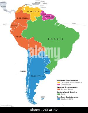 Regioni geografiche del Sud America, mappa politica multicolore. Caraibi Sud America, Guiana, Stati andini, Brasile e cono meridionale. Foto Stock