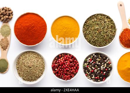 Spezie ed erbe. erbe e spezie colorate per cucinare isolate su sfondo bianco Foto Stock
