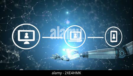 Immagine del braccio del robot che regge il diagramma di flusso con le icone di laptop, computer e telefono sopra i punti collegati Foto Stock