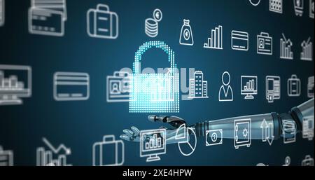 Immagine del braccio robotico con cloud e lucchetto sulle icone finanziarie e aziendali Foto Stock
