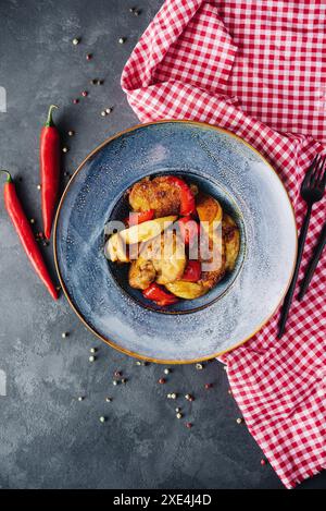 Cosce di pollo grigliate con patate al forno Foto Stock