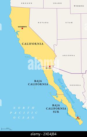 Le Californias, una regione del Nord America, mappa politica. Negli Stati Uniti e in Messico. Foto Stock