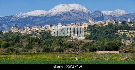 Puig Major innevato e Puig de Massanella innevato visto dal villaggio di Buger Foto Stock