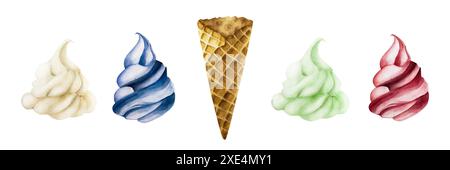 Fragola, lampone, menta, pistacchio, mela, latte, gelato alla vaniglia e cono croccante per waffle. Dipinto a mano dolce illustrazione acquerello isolato su Foto Stock