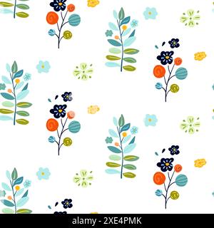 Motivo senza cuciture caratterizzato da piante incantevoli, fiori e frutti di bosco in colori vivaci e vivaci. Ideale per design primaverili, tessuti e carte da parati. Cattura un'atmosfera fresca e giocosa con influenze di arte popolare ed elementi della foresta... Illustrazione Vettoriale