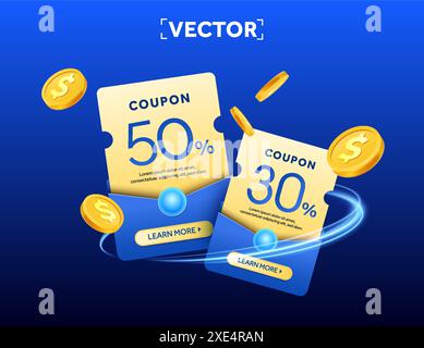 Set 3d di coupon giallo avvolto con busta blu, onda astratta, pulsante CTA, isolato su sfondo. Codice coupon con percentuale di sconto. Modello banner promozionale promozionale. Vettore 3d. Illustrazione vettoriale Illustrazione Vettoriale