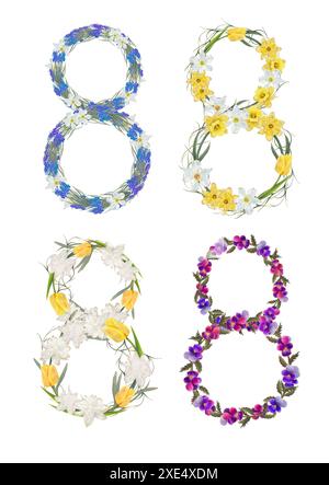 Design con fiori vivaci, numero 8, e disposizione elegante mette in mostra elementi artistici e belli. Oggetti isolati su sfondo bianco per la progettazione di opuscoli, volantini, e-pack, etichette o pubblicità. Arte digitale. Foto Stock