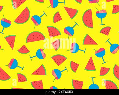 Motivo senza cuciture con gelato in un bicchiere e fette di anguria. Palline da gelato in un bicchiere con gusto di anguria. Disegna sfondi, avvolgimenti, insenatura Illustrazione Vettoriale