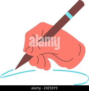 Scrittura a mano umana che tiene la penna icona matita immagine vettoriale piatta. Cartoni animati uomo braccio creativo disegno gesto scrittura note educazione artista p Illustrazione Vettoriale