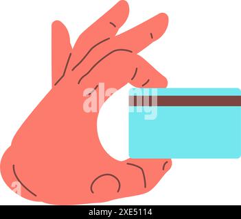 Cartone animato maschile che tiene a mano una carta bancaria in plastica icona di pagamento senza contanti illustrazione piatta del vettore. Braccio umano che mostra pagamenti finanziari senza contatto per lo shopping Illustrazione Vettoriale