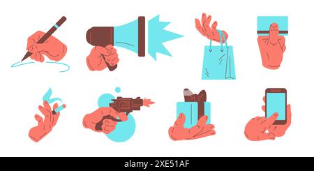 Mano umana che tiene in mano cose diverse grande set icona vettoriale illustrazione piatta. Braccio cartoni animati maschio con penna matita megafono borsa della spesa del corno auto bancaria Illustrazione Vettoriale